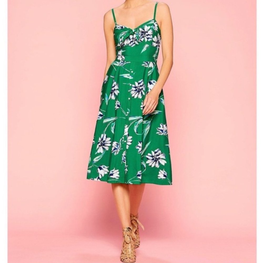 Eliza J Tie Front Green Floral Smocked Midi Dress